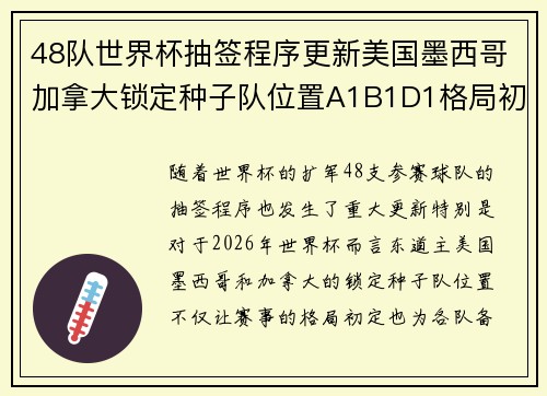 48队世界杯抽签程序更新美国墨西哥加拿大锁定种子队位置A1B1D1格局初定